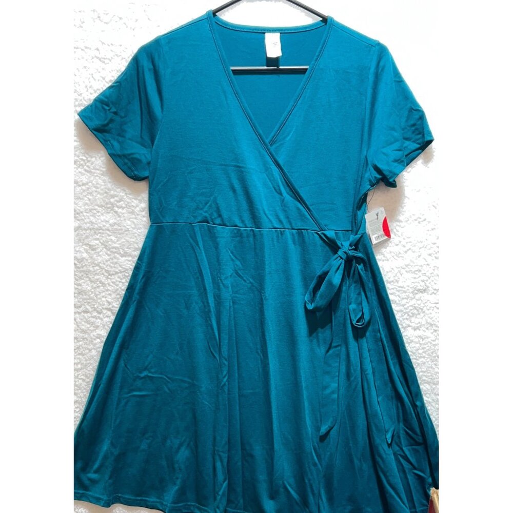 New West Loop Women Large Dress Turquoise Tie Belt Polyester Short Sleeve Vneck